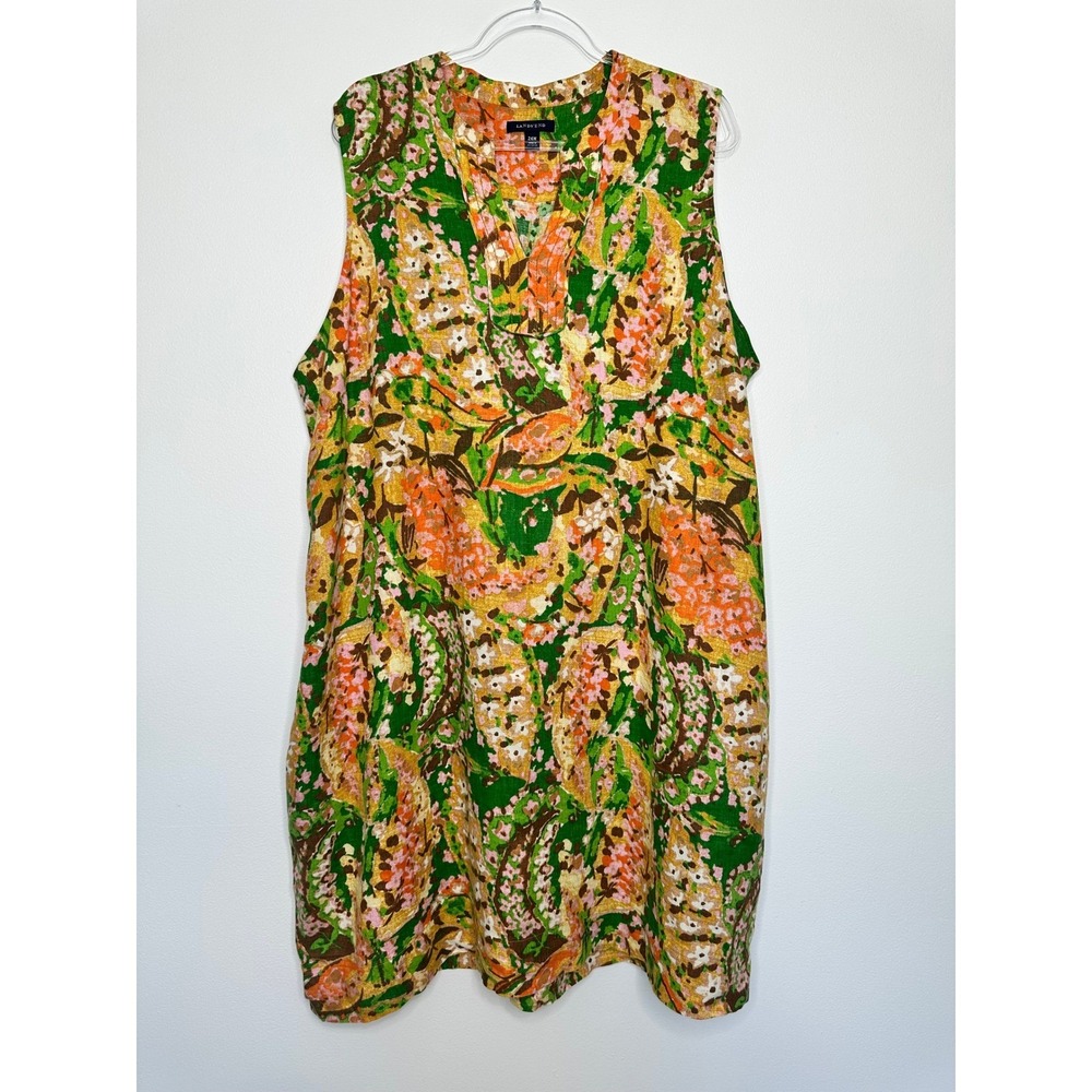 Lands End Linen Shift Dress Size 24W Green Orange Floral Sleeveless Pockets